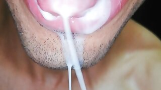 Cum in my mouth, play with your cum, and swallow it, close-up, naughty gay, tongue, sloopy