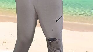 Monster cock hands free cumshot on public beach