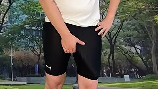 Monster cock cyclist public dick flash cum in tight pants