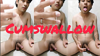 Young lad jerks off in his bathroom and swallows his cum