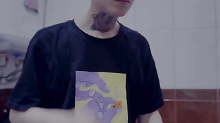 Black Haired Boy Has Fun Alone in the Bathroom